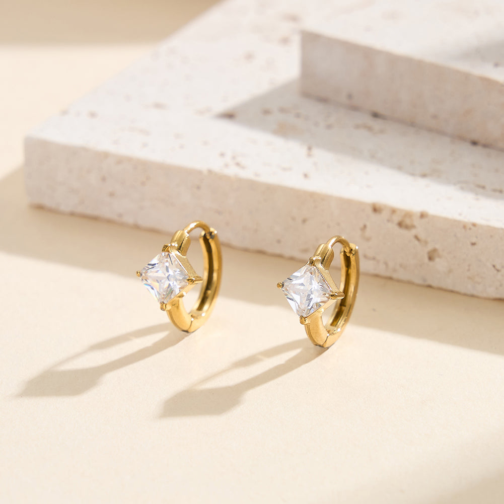 Velvet Rhythm // Solitaire Princess-Cut Square CZ Huggie Earrings