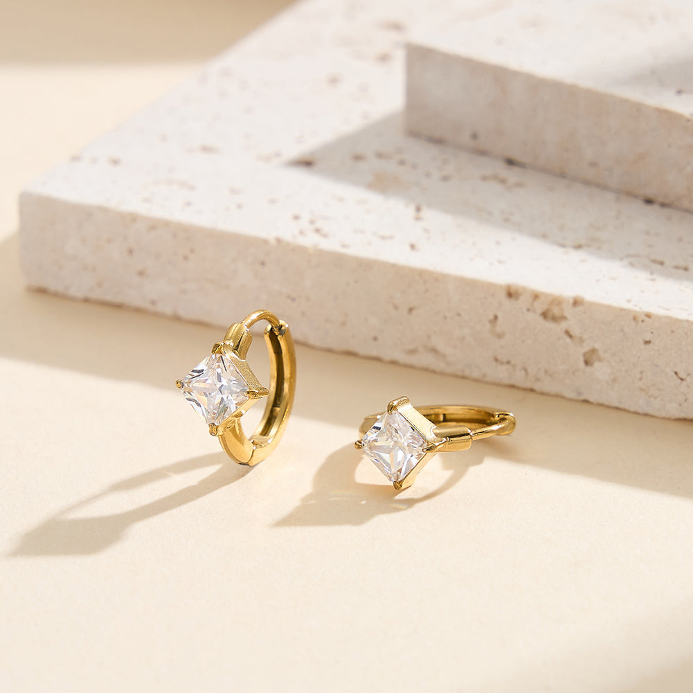 Velvet Rhythm // Solitaire Princess-Cut Square CZ Huggie Earrings