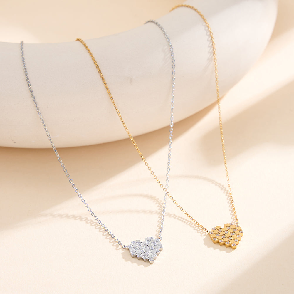 Retro-Modern Geometric Pixel Heart Pendant Necklace