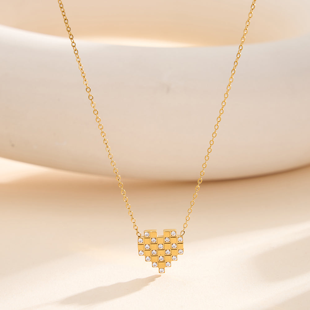 Retro-Modern Geometric Pixel Heart Pendant Necklace