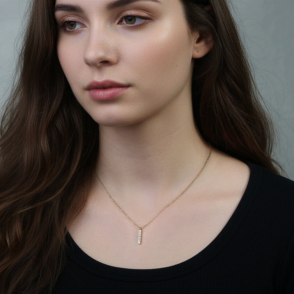 Minimalist Vertical Bar Pavé CZ Pendant Necklace