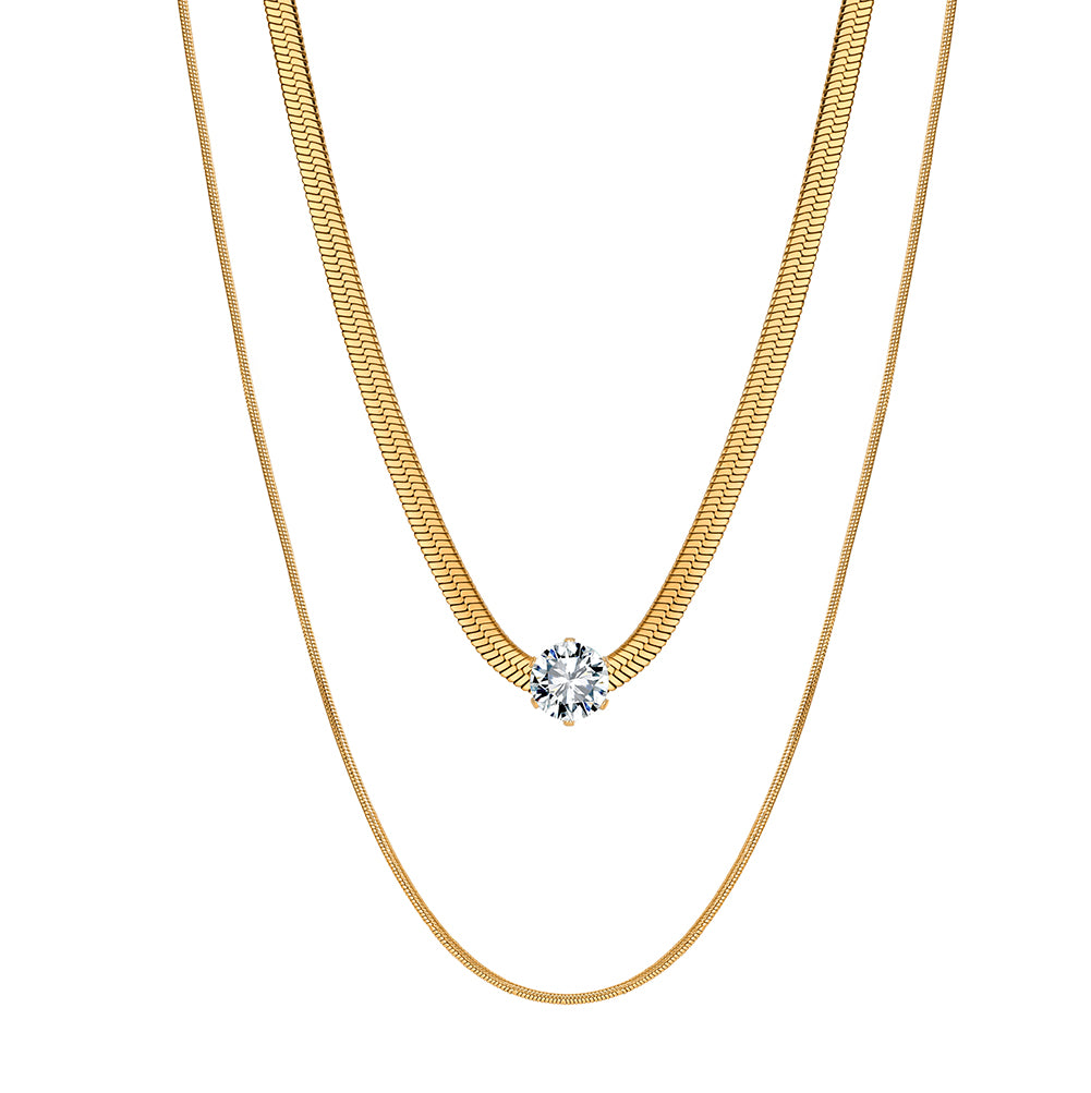 Chic Double-Layer Herringbone & Snake Chain Solitaire Necklace