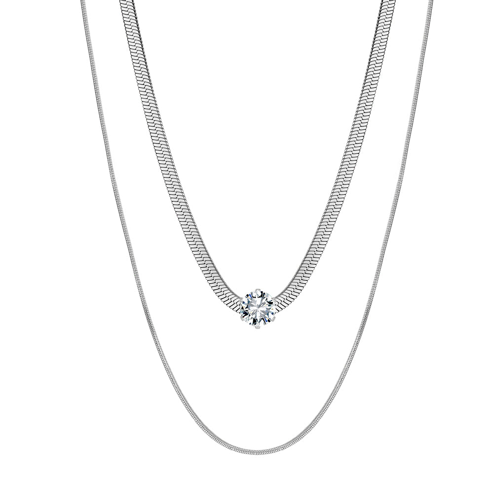 Chic Double-Layer Herringbone & Snake Chain Solitaire Necklace