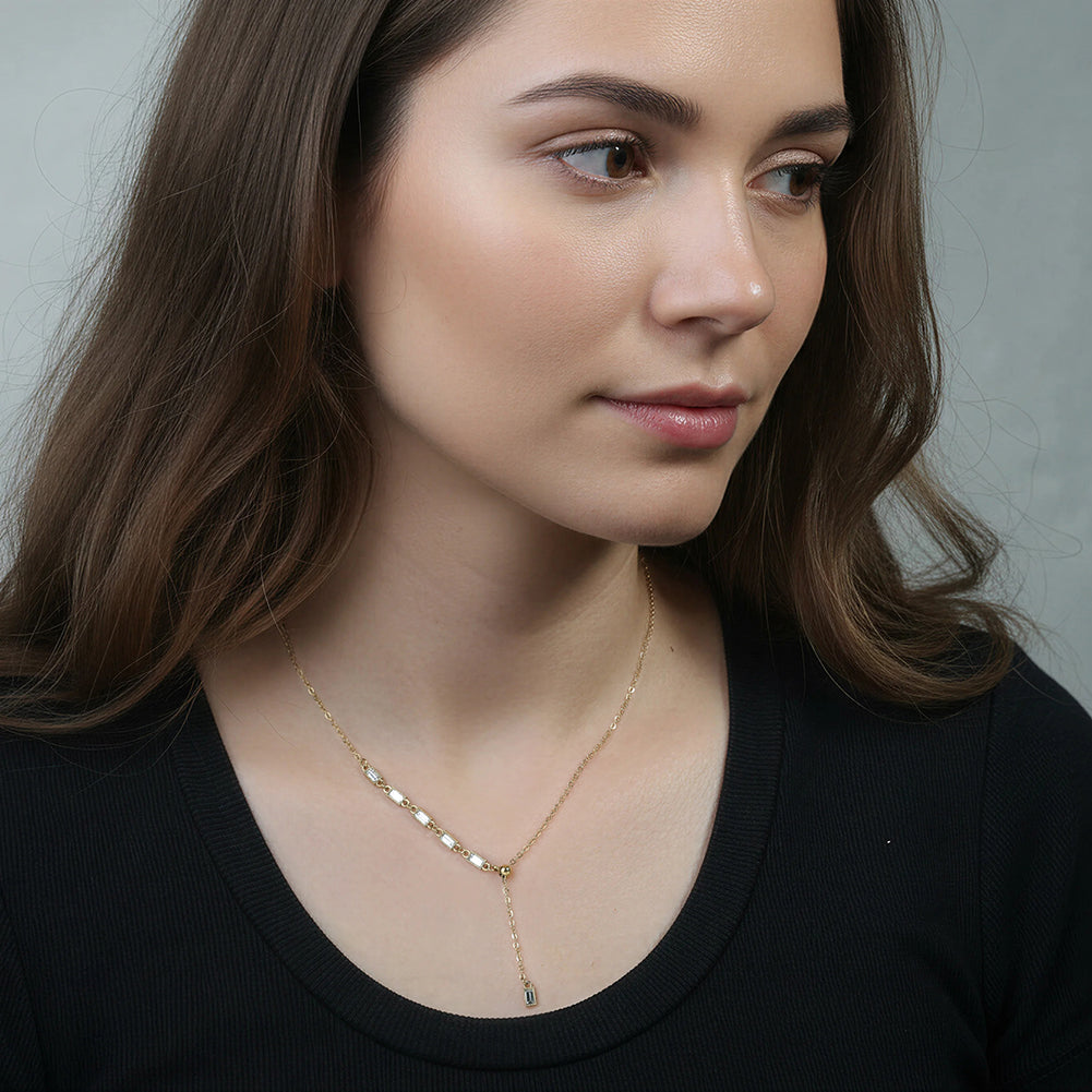 Elegant Art Deco Y-Lariat Asymmetric Emerald-Cut CZ Necklace