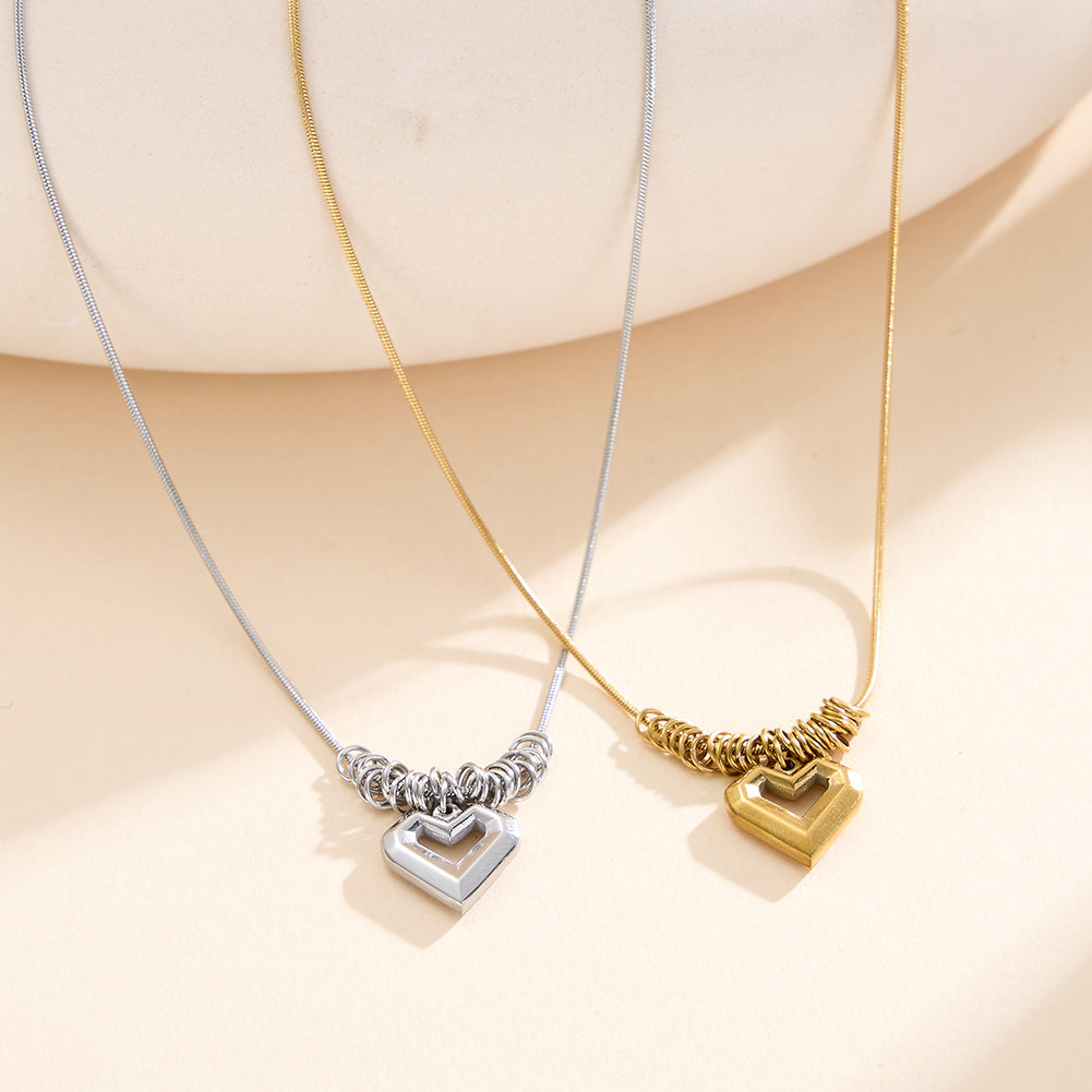 Modernist Multi-Ring Geometric Hollow Heart Necklace