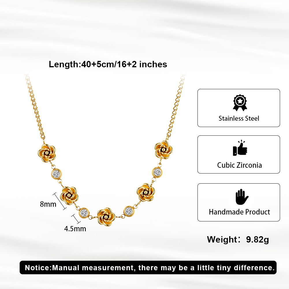 Romantic French Rose & Bezel-Set CZ Station Necklace