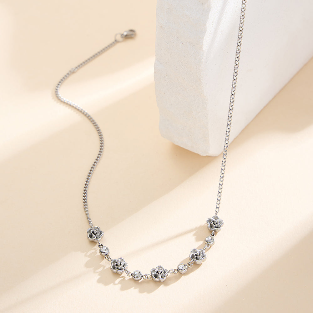 Romantic French Rose & Bezel-Set CZ Station Necklace