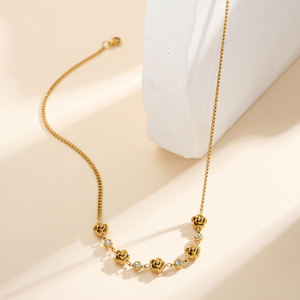 Romantic French Rose & Bezel-Set CZ Station Necklace