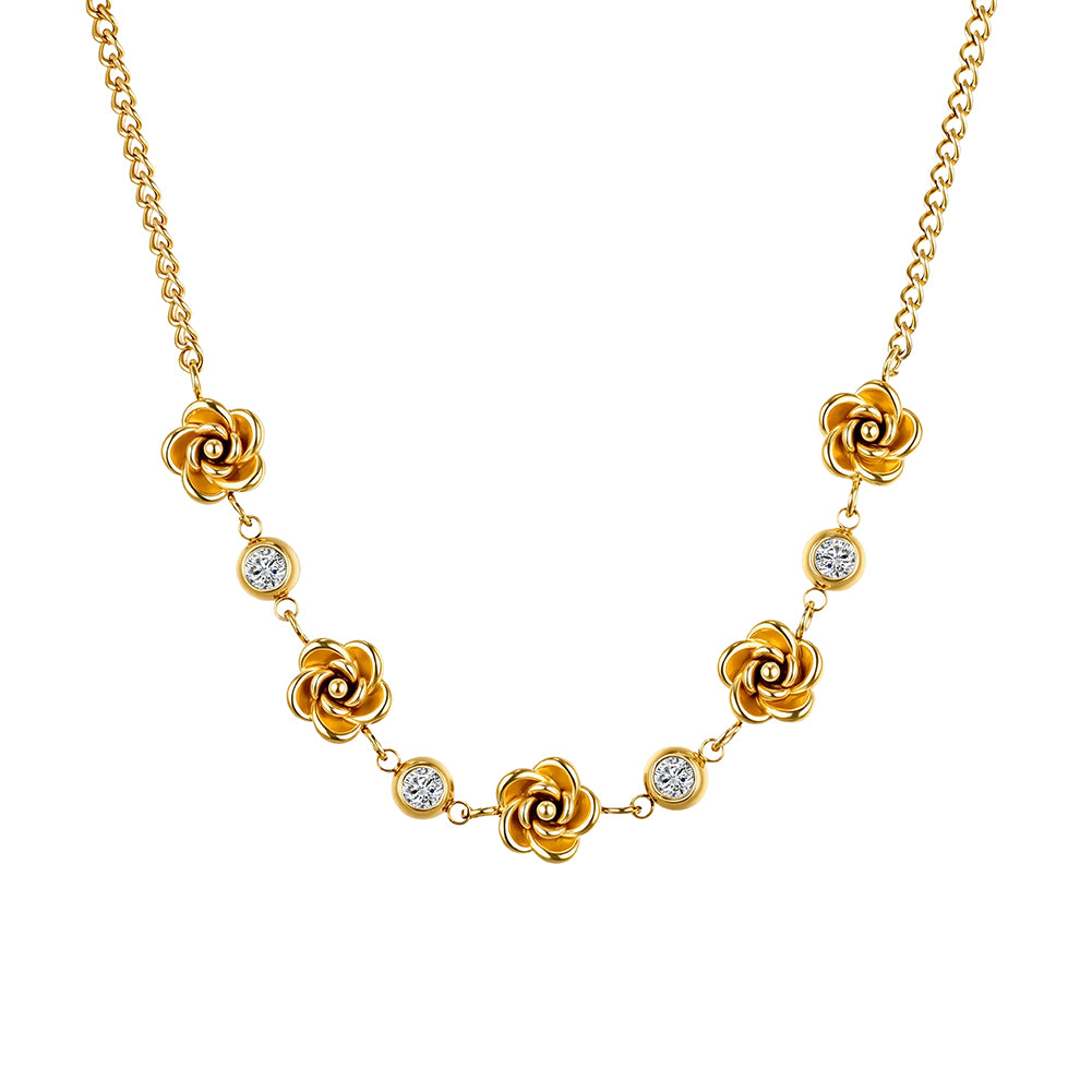 Romantic French Rose & Bezel-Set CZ Station Necklace