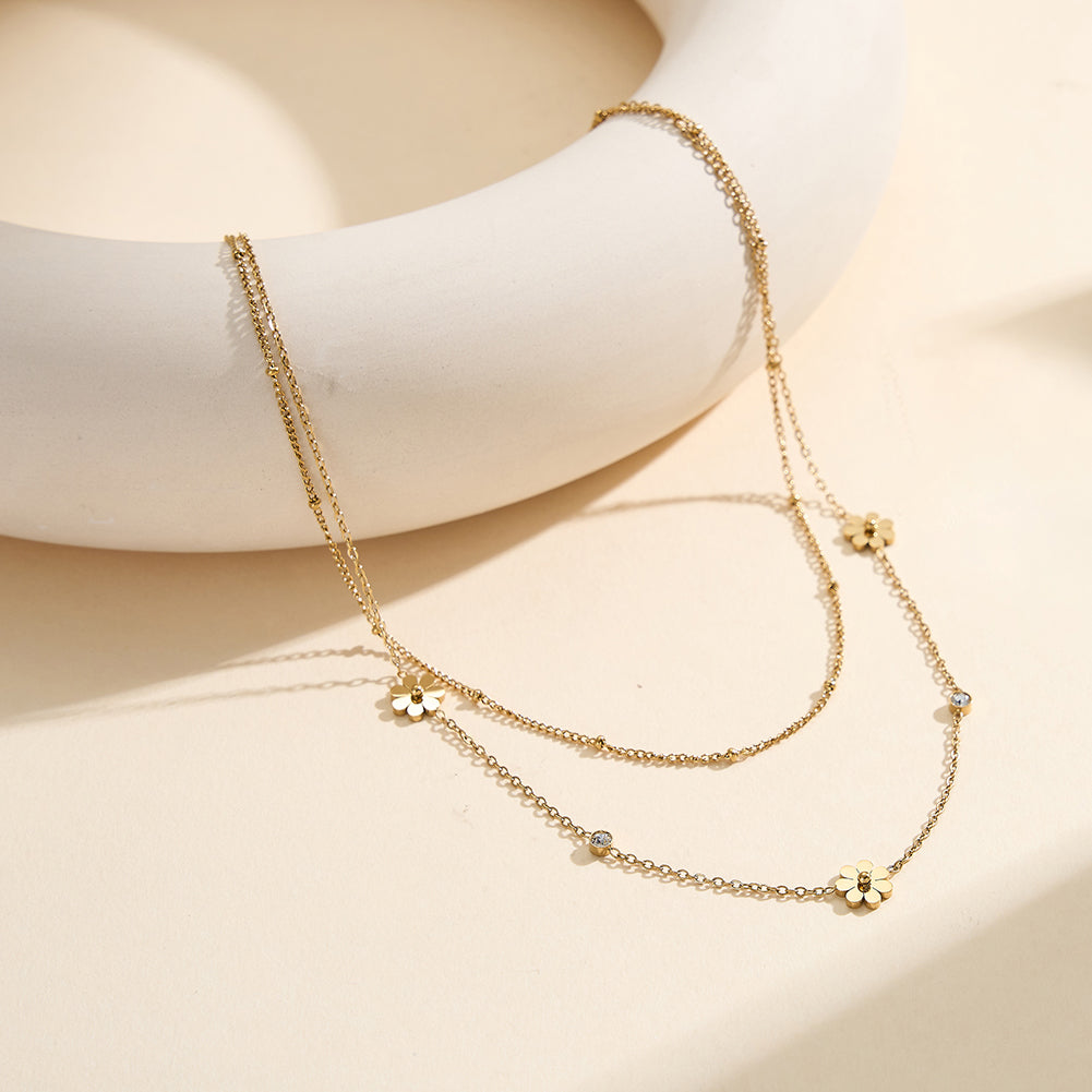 Aura Blossom // Double-Layer Flower & CZ Crystal Necklace