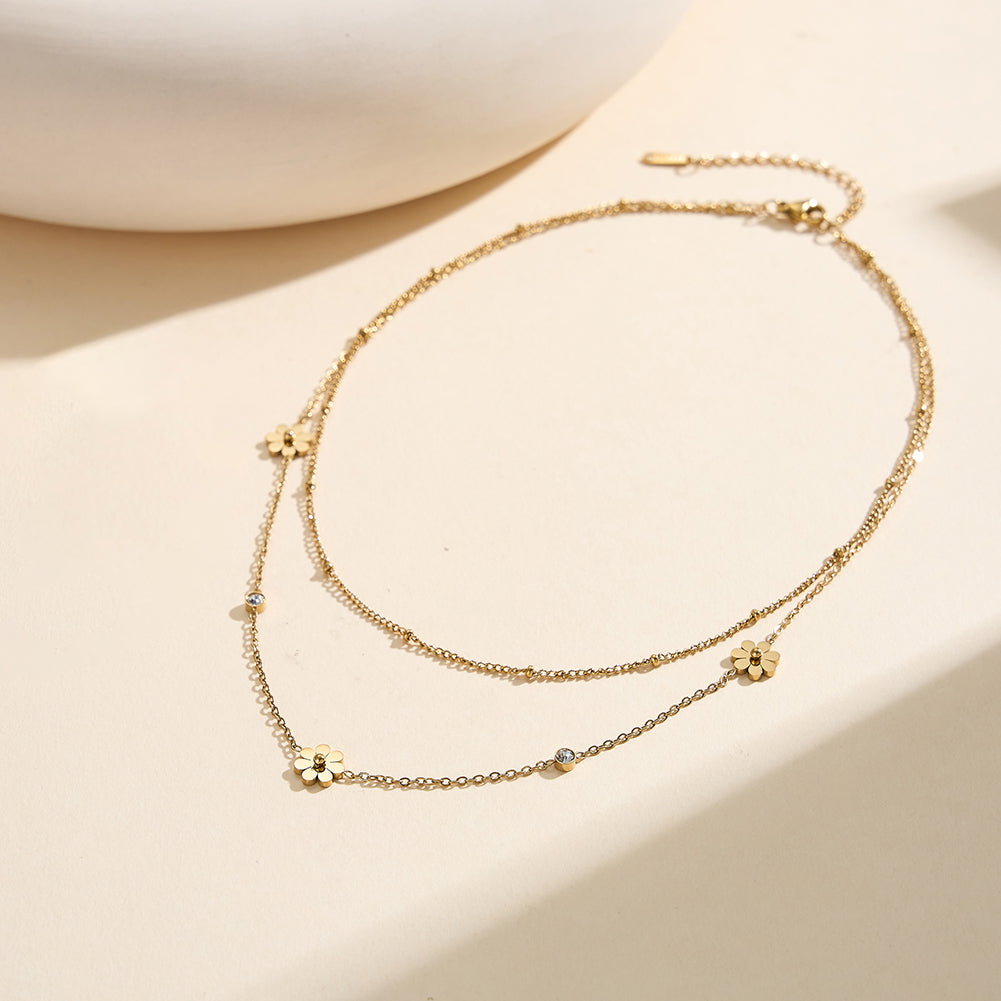 Aura Blossom // Double-Layer Flower & CZ Crystal Necklace