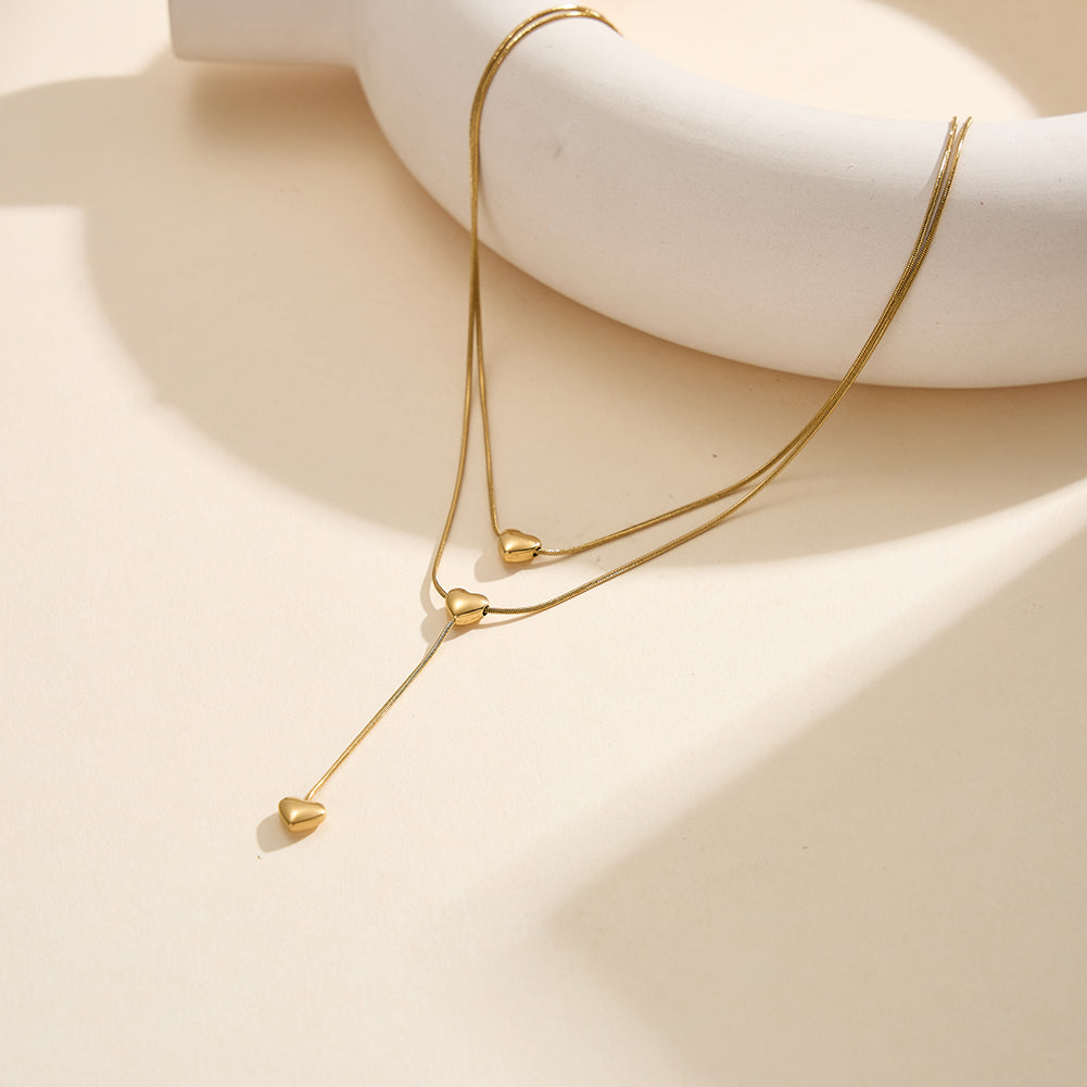 Aura Amour // Double-Layer Snake Chain & Puffy Heart Lariat Necklace