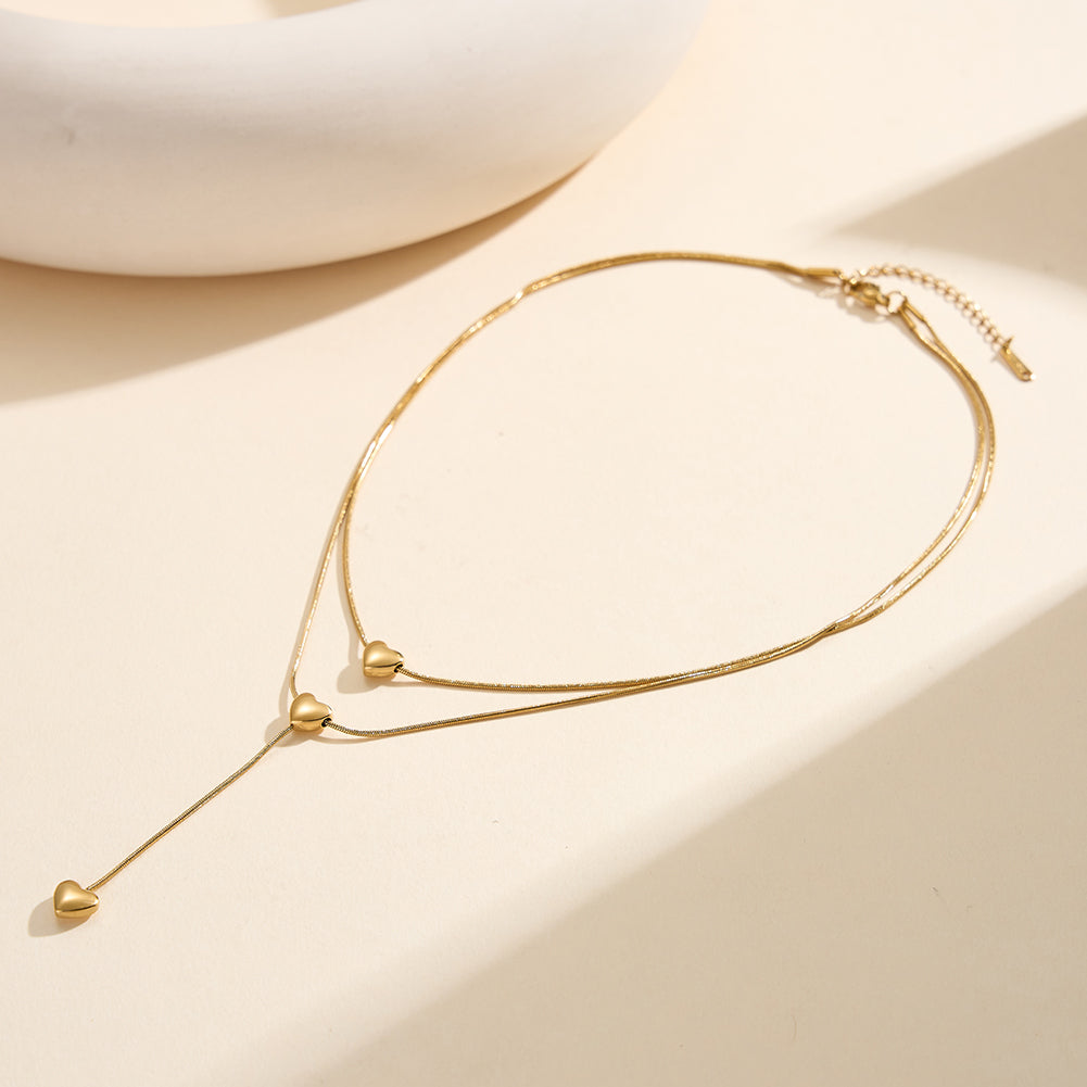 Aura Amour // Double-Layer Snake Chain & Puffy Heart Lariat Necklace
