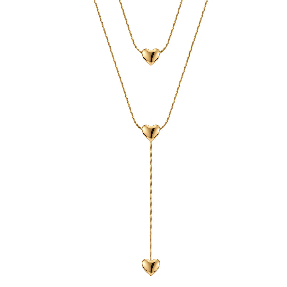 Aura Amour // Double-Layer Snake Chain & Puffy Heart Lariat Necklace