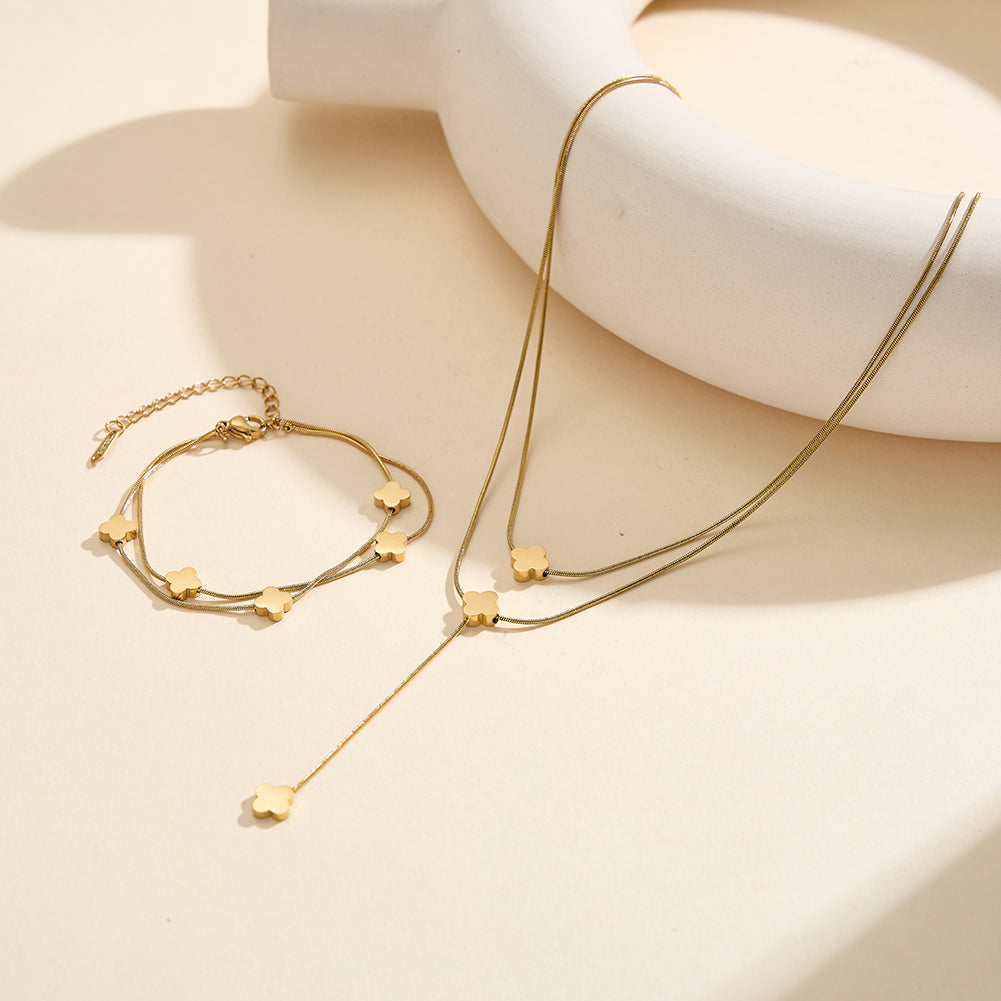 Aura Celestial // Double-Layer Snake Chain & Clover Lariat Necklace