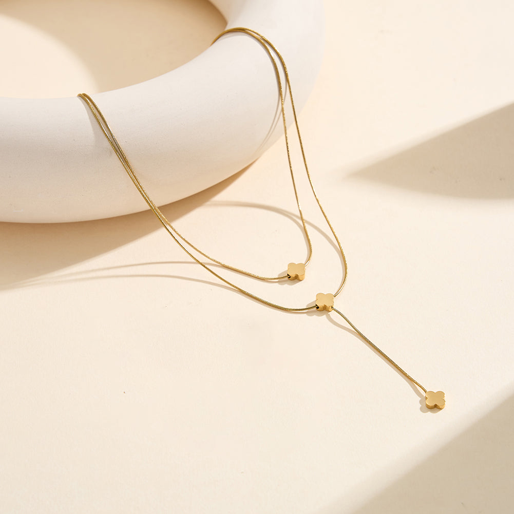 Aura Celestial // Double-Layer Snake Chain & Clover Lariat Necklace