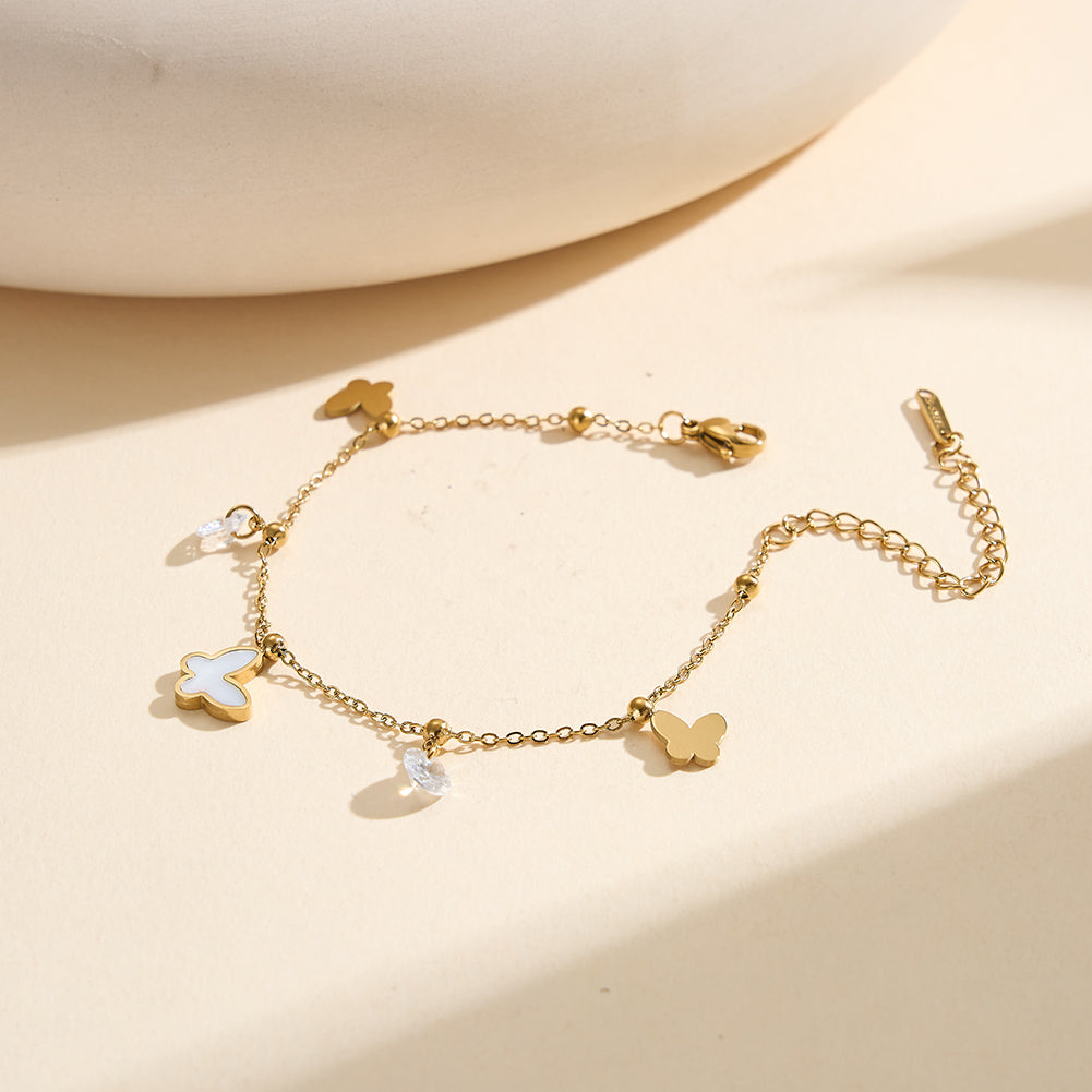 Aura Celestial gold lucky butterfly charm anklet with natural white shell mother of pearl and polished metallic bead accents in waterproof 304 stainless steel by LeeWey Luxury