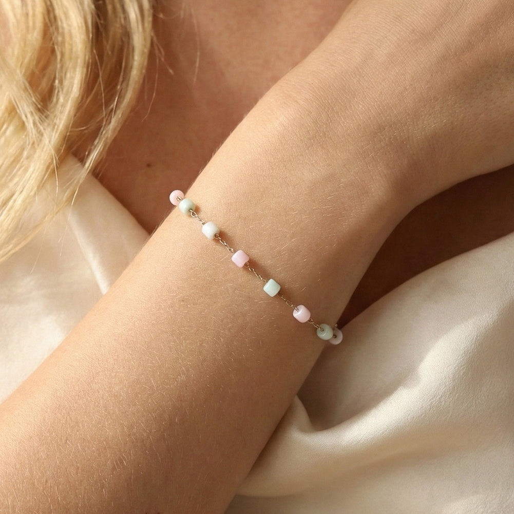 Dainty Pastel Macaron Square Shell Bead Chain Bracelet