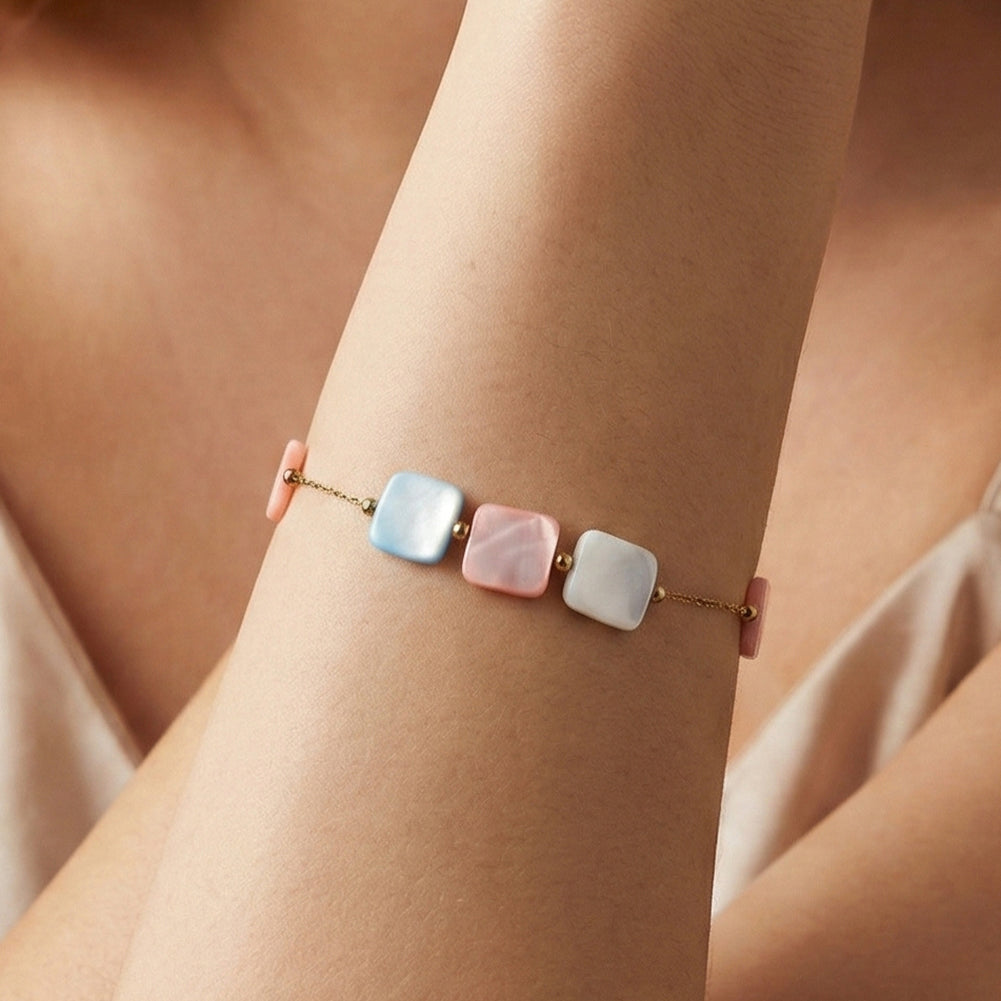 Bold Pastel Macaron Square Shell Bead Chain Bracelet