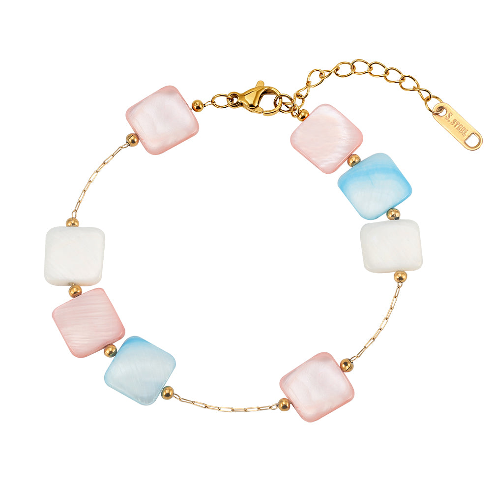 Bold Pastel Macaron Square Shell Bead Chain Bracelet