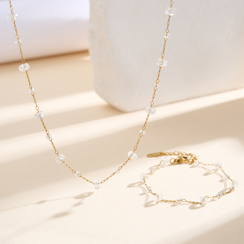 Dainty Faceted White Crystal & Mini Bead Station Chain Bracelet