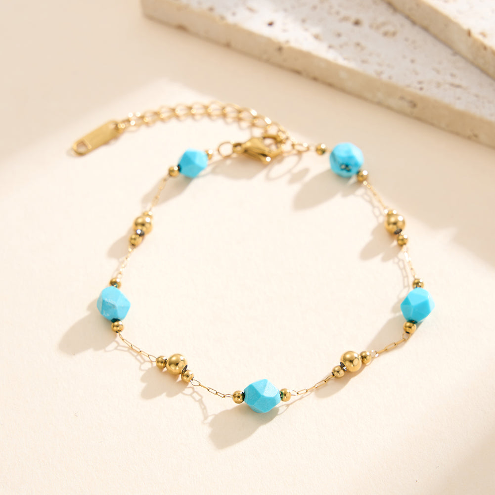 Dainty Faceted Turquoise & Mini Gold Bead Station Chain Bracelet