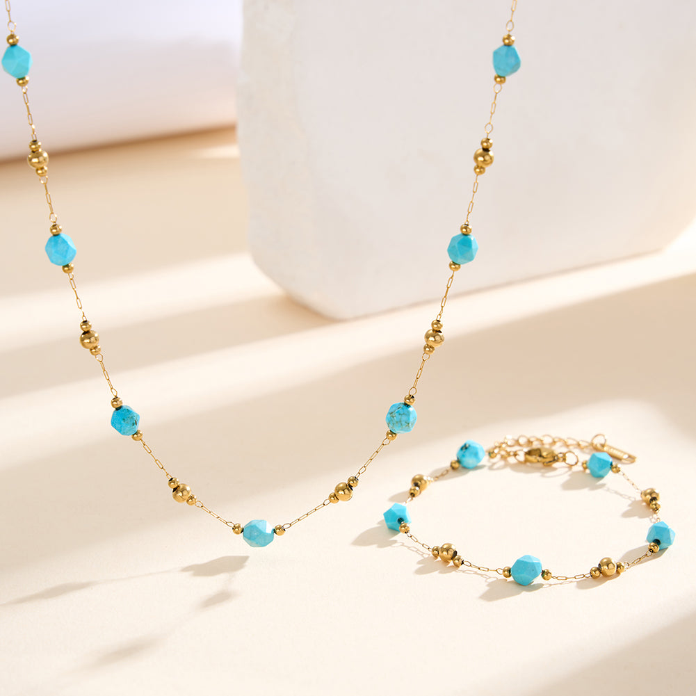 Dainty Faceted Turquoise & Mini Gold Bead Station Chain Bracelet
