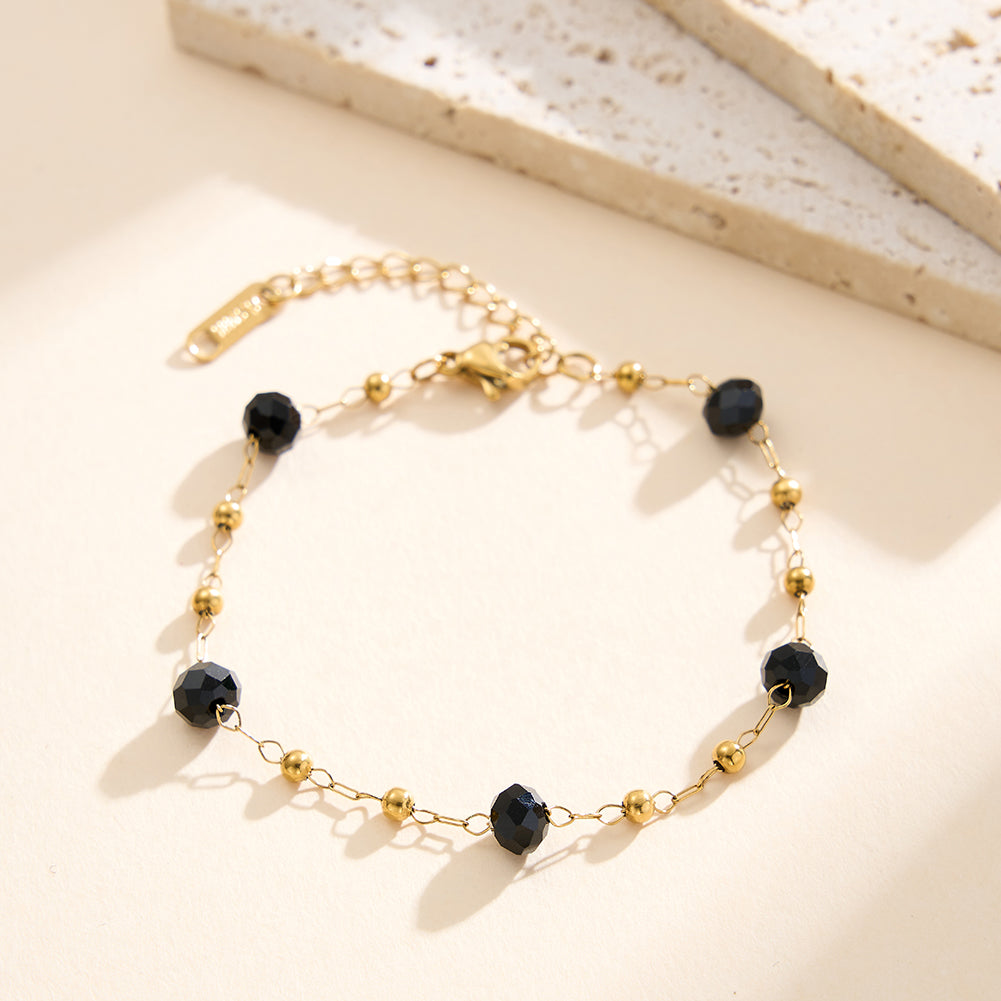 Dainty Faceted Black Crystal & Mini Gold Bead Station Chain Bracelet