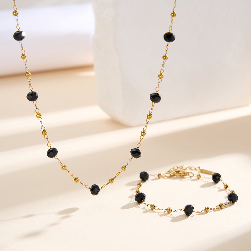 Dainty Faceted Black Crystal & Mini Gold Bead Station Chain Bracelet