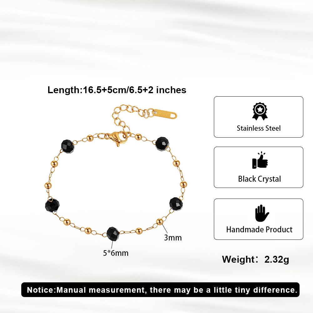Dainty Faceted Black Crystal & Mini Gold Bead Station Chain Bracelet