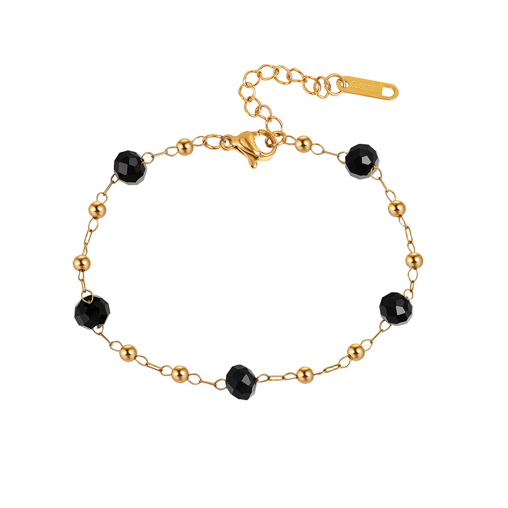 Dainty Faceted Black Crystal & Mini Gold Bead Station Chain Bracelet