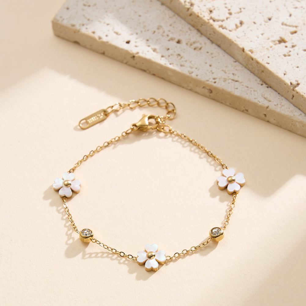 Dainty Carved Shell Flower & Bezel-Set CZ Station Chain Bracelet