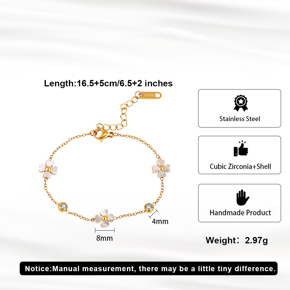 Dainty Carved Shell Flower & Bezel-Set CZ Station Chain Bracelet