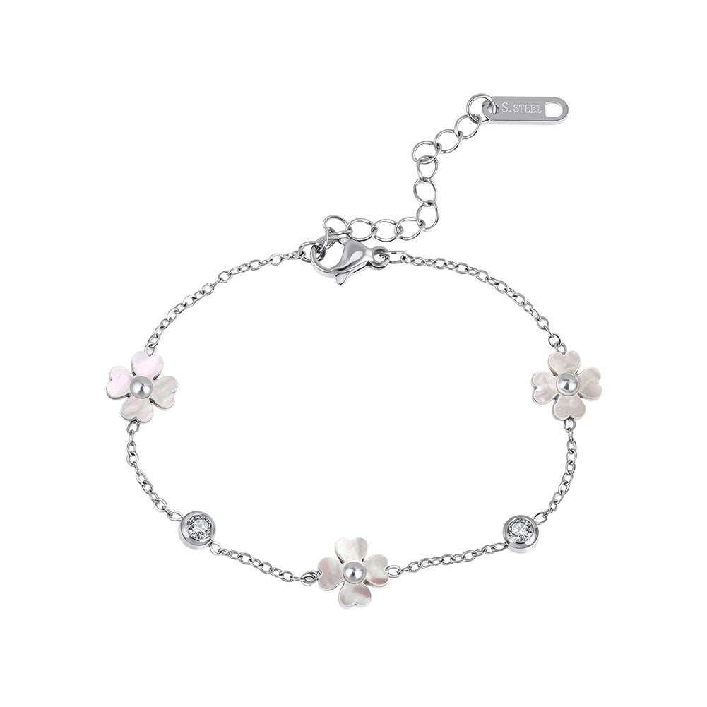 Dainty Carved Shell Flower & Bezel-Set CZ Station Chain Bracelet