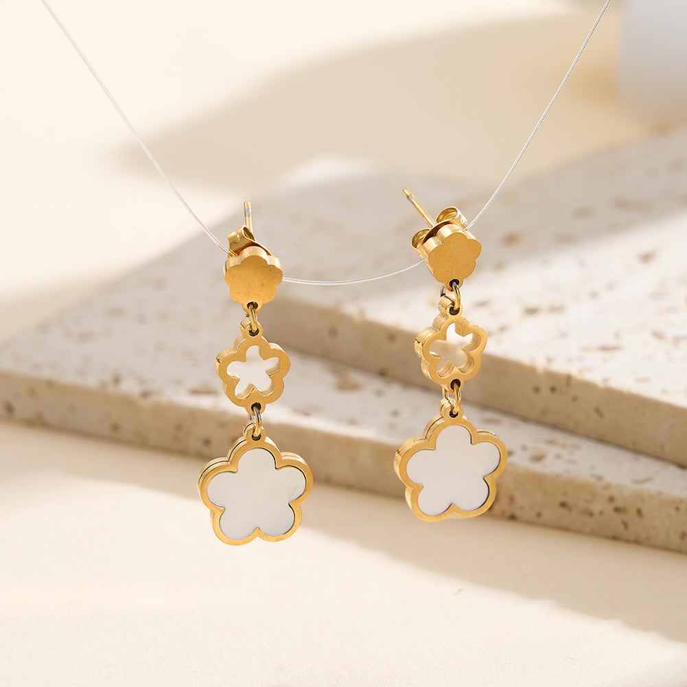 Elegant Triple-Layer Cascading Shell Flower Drop Earrings