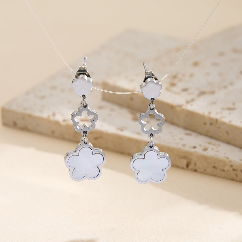 Elegant Triple-Layer Cascading Shell Flower Drop Earrings