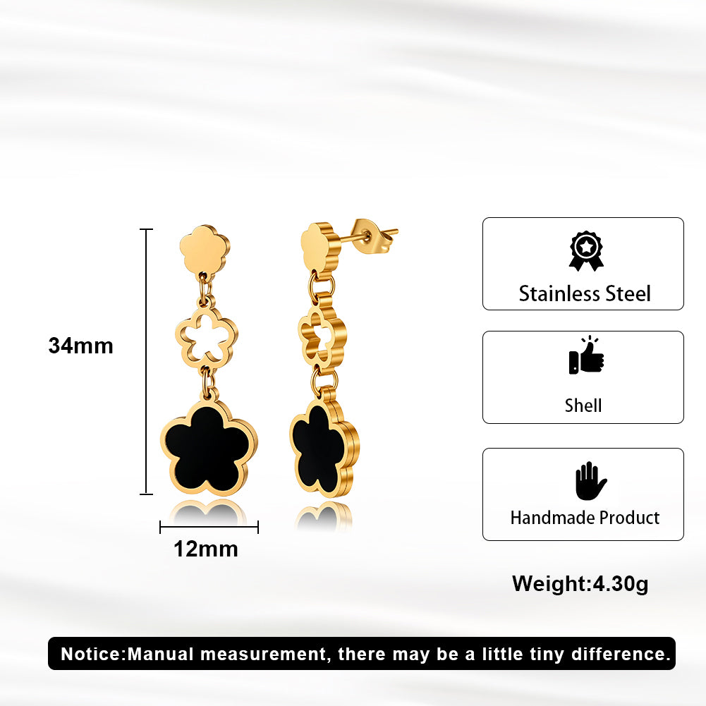 Elegant Triple-Layer Cascading Black Shell Flower Drop Earrings