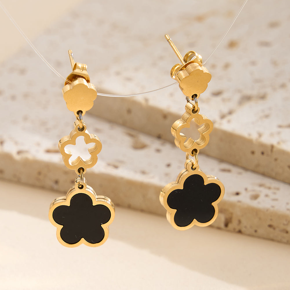 Elegant Triple-Layer Cascading Black Shell Flower Drop Earrings