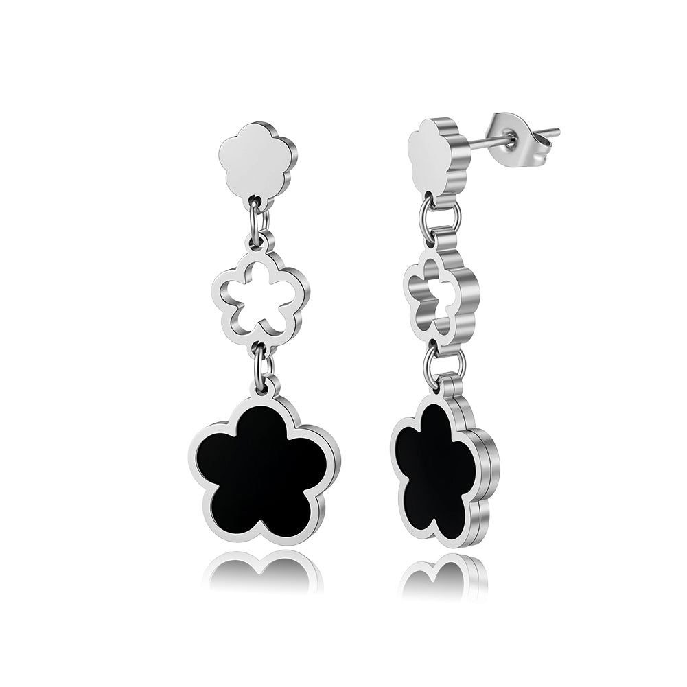 Elegant Triple-Layer Cascading Black Shell Flower Drop Earrings