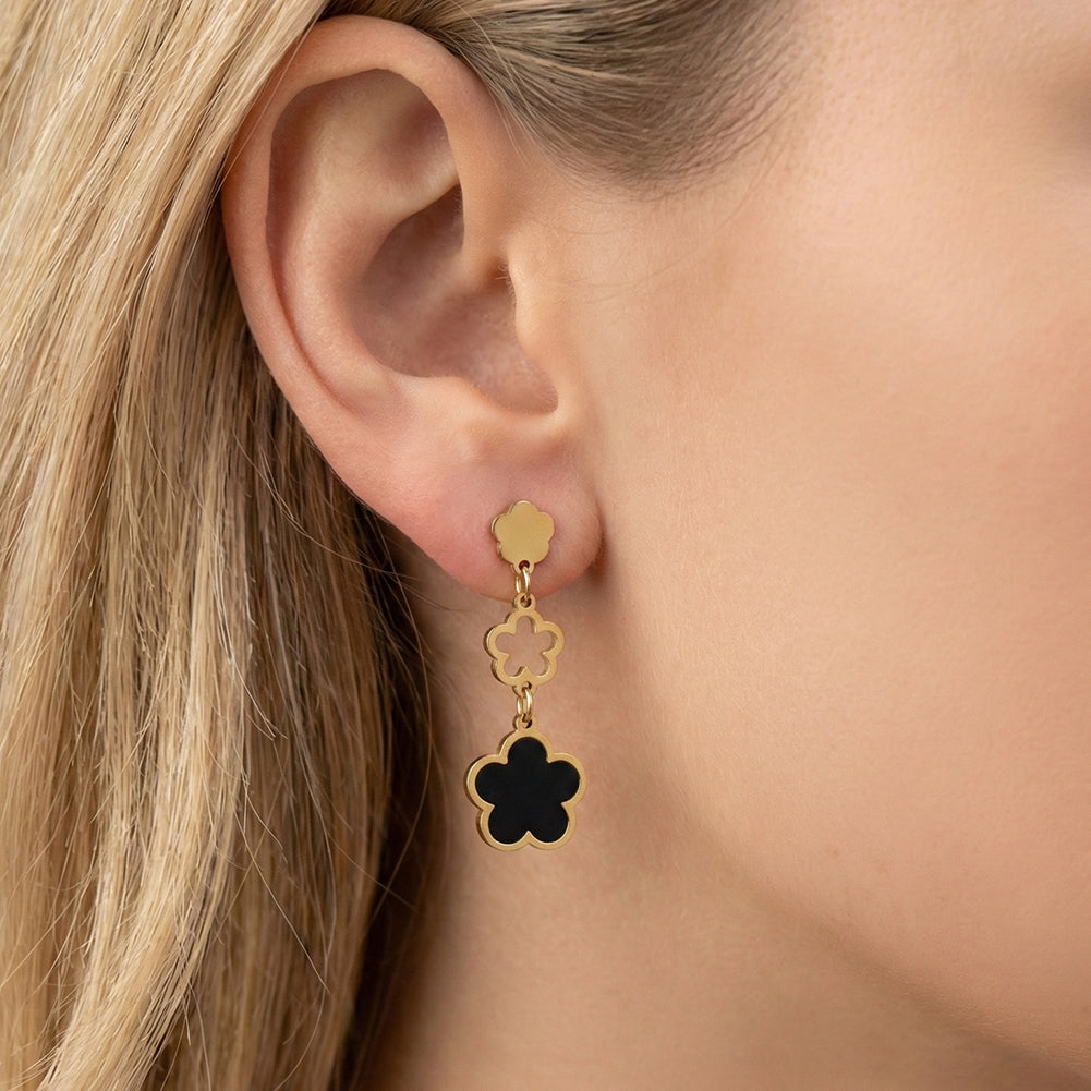 Elegant Triple-Layer Cascading Black Shell Flower Drop Earrings