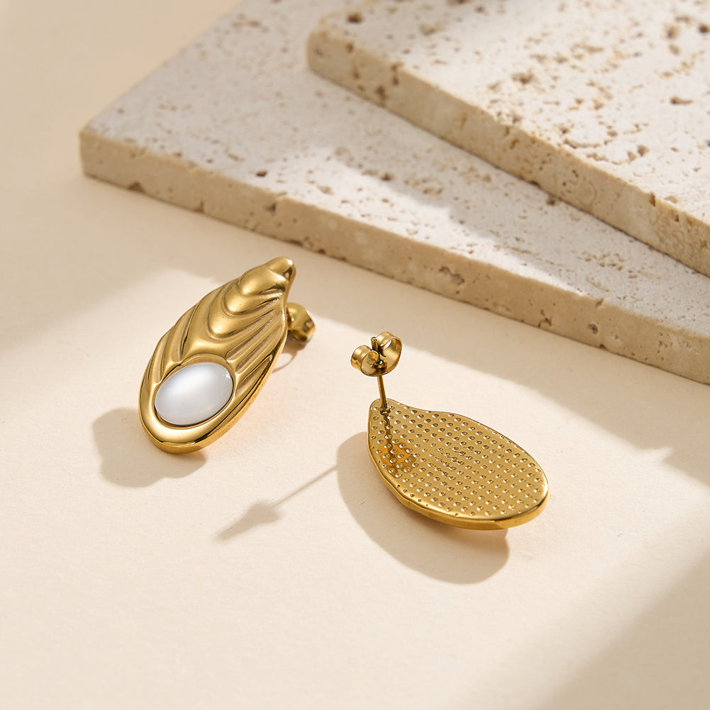 Velvet Oracle gold deconstructed molten textured fluid ripple stud earrings with domed white cat's eye opal stone in waterproof 304 stainless steel by LeeWey Luxury