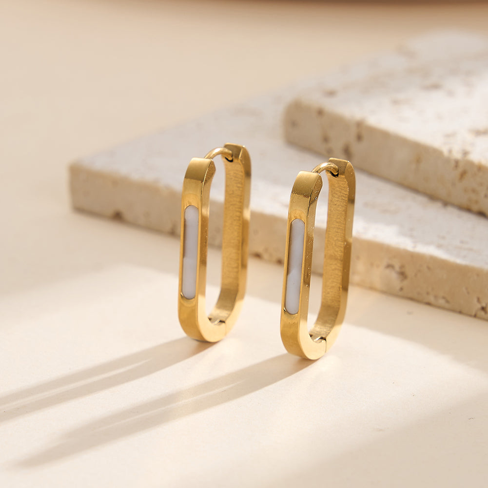Velvet Meridian gold geometric rectangular oblong hoop earrings with side inlaid natural white shell mother of pearl in waterproof tarnish-free 304 stainless steel by LeeWey Luxury