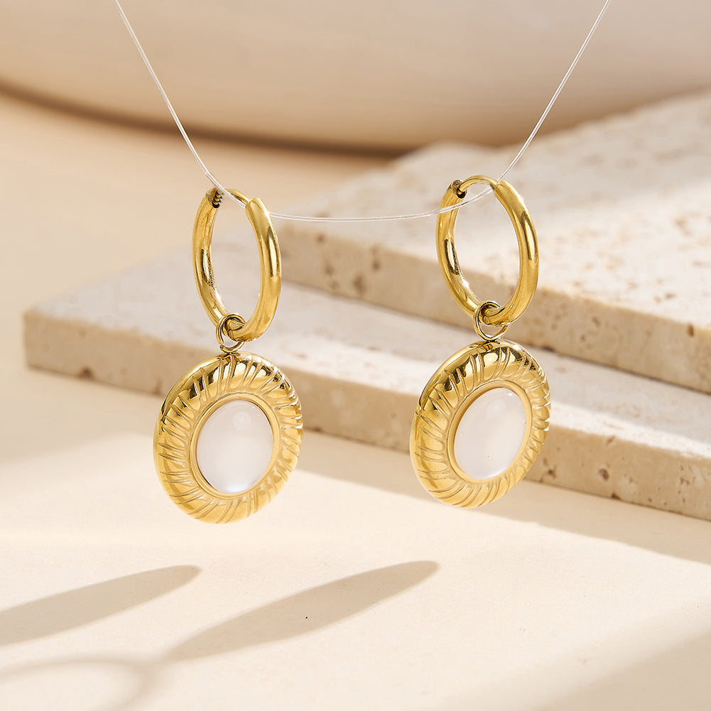 Velvet Oracle gold vintage sunburst ray embossed medallion drop earrings with domed oval white cat's eye opal stone in waterproof 304 stainless steel by LeeWey Luxury