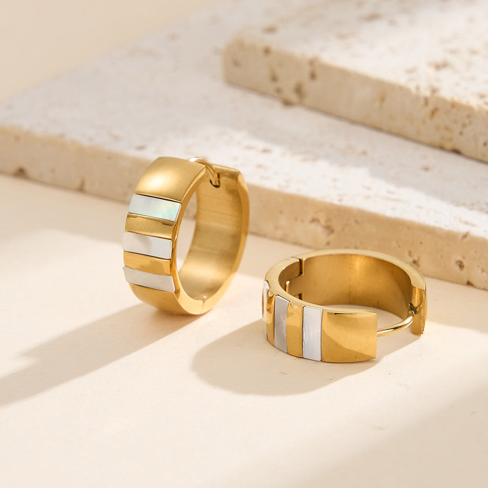 Velvet Meridian gold chunky wide hoop earrings with front segmented rectangular block inlaid natural white shell mother of pearl in waterproof 304 stainless steel by LeeWey Luxury