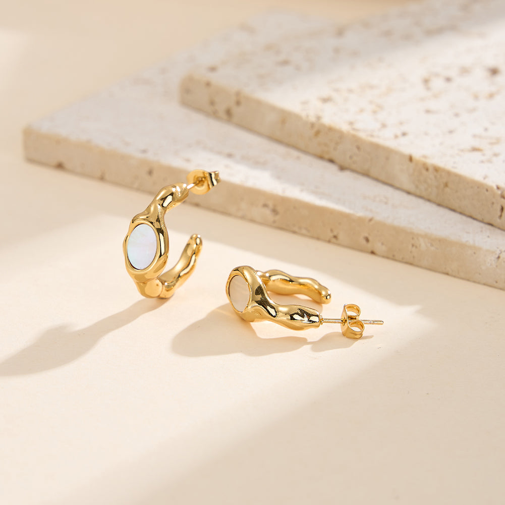 Velvet Oracle gold deconstructed molten textured fluid lava half hoop C earrings with front inlaid circular natural white shell mother of pearl in waterproof 304 stainless steel by LeeWey Luxury