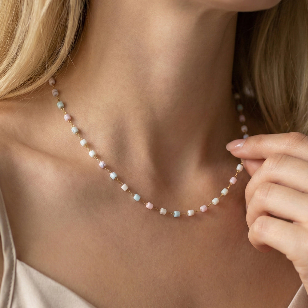 Dainty Pastel Macaron Square Shell Bead Chain Necklace