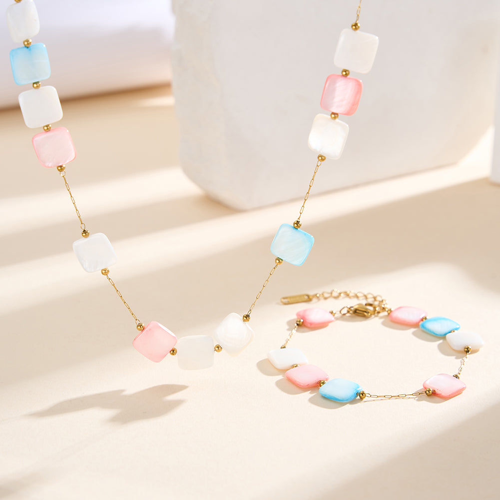Bold Pastel Macaron Square Shell Statement Necklace