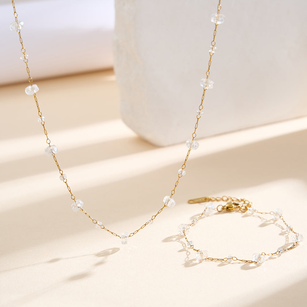 Dainty Faceted White Crystal & Mini Bead Station Chain Necklace