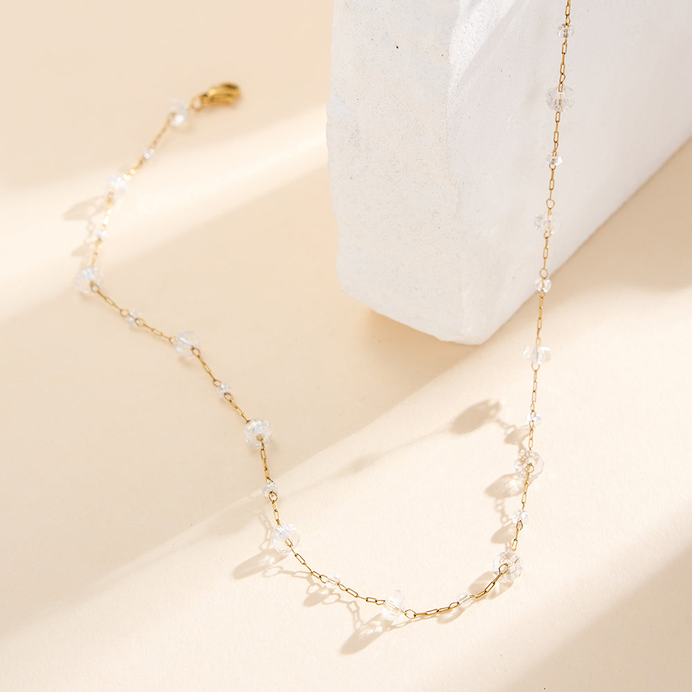 Dainty Faceted White Crystal & Mini Bead Station Chain Necklace