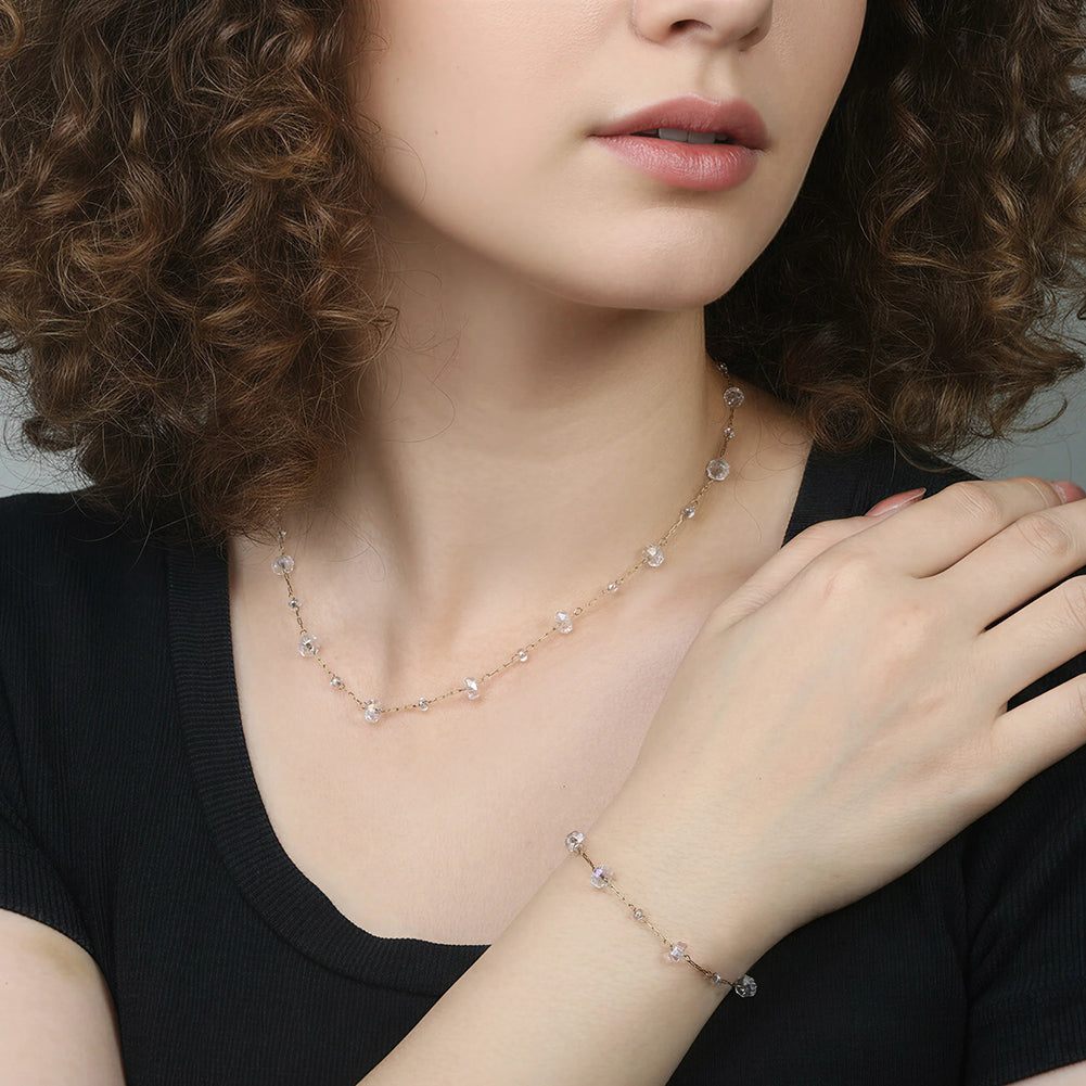 Dainty Faceted White Crystal & Mini Bead Station Chain Necklace